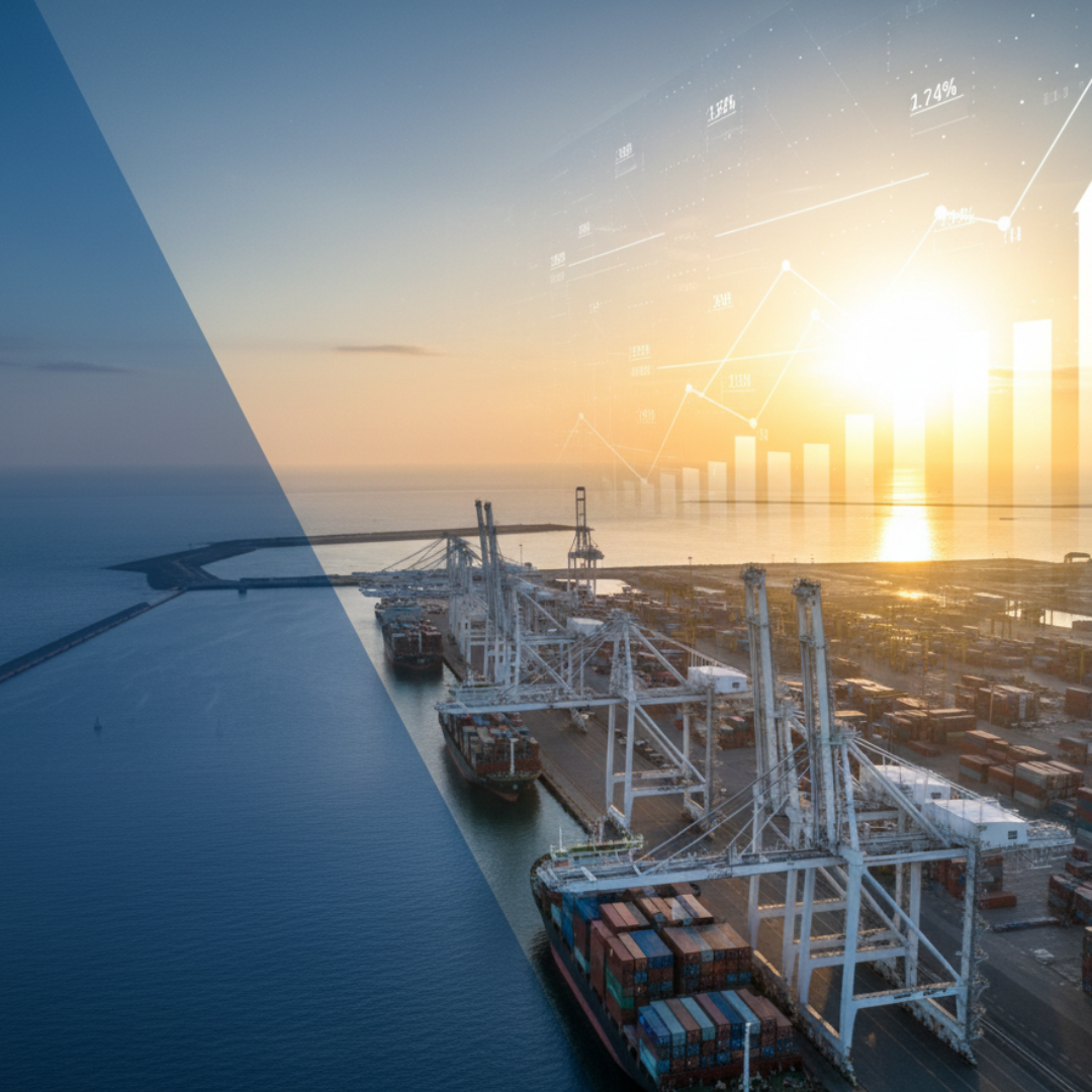 Vue aérienne du port de Tanger Med au lever du soleil, avec des porte-conteneurs, des grues et des graphiques de données superposés symbolisant la croissance économique.